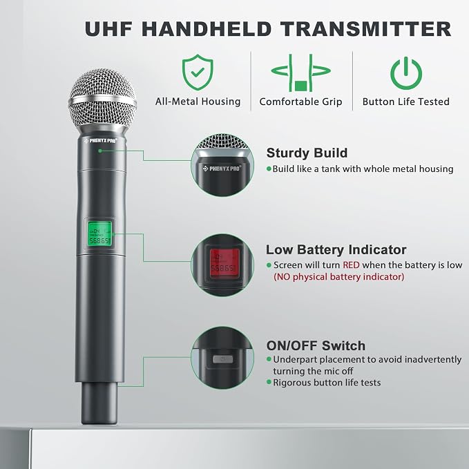 Phenyx Pro 4-Ch UHF Fixed Frequency Wireless Microphone PTU-5000-2H2B | 2 Handheld Mics, 2 Bodypacks, Headset/Lapel Mics, Metal Build, 260 ft Range, Church Services, DJ Sets - Image 3