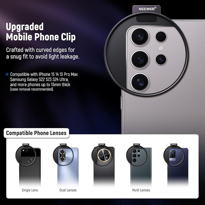 NEEWER 67mm Clip On Variable ND Filter Kit with Cold Shoe Phone Clip, Adjustable ND2-32 Filter Compatible with iPhone 17 16 15 Pro Max Plus Android Samsung Galaxy S24 S25 Ultra - Image 3