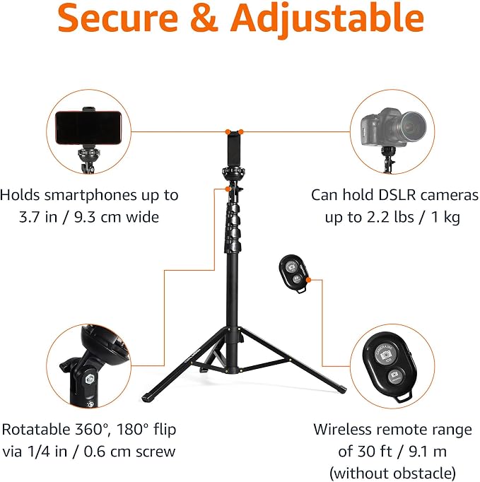 Amazon Basics 64-inch Extendable Tripod for iPhones and Smartphones, Selfie Stick Mode and Phone Tripod Mode, Black - Image 4