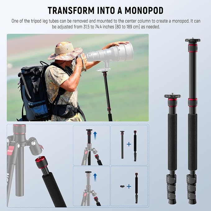 NEEWER Basics TP15 Camera Tripod Monopod, 68" Metal Heavy Duty Portable Travel DSLR Cell Phone Stand with Cellphone Holder Mount Compatible with iPhone Filming Video Recording, Ball Head Not Included - Image 6