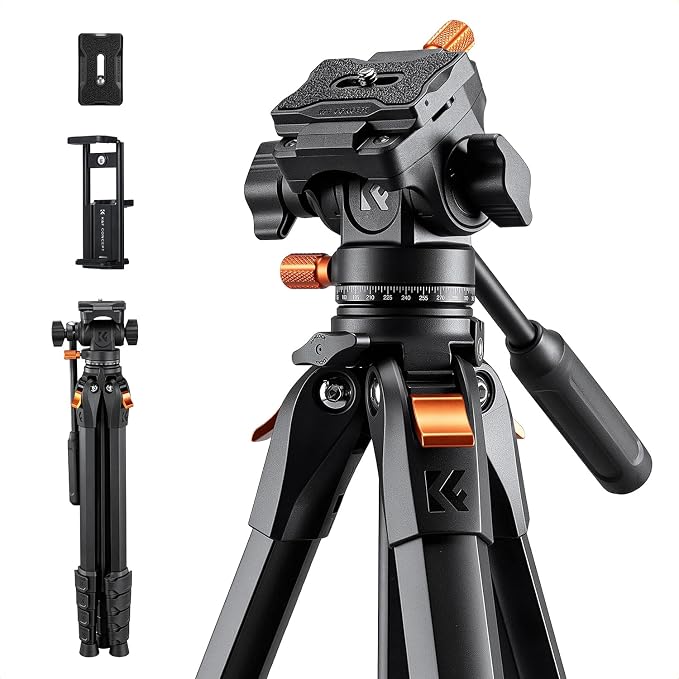 K&F CONCEPT 63" Camera Tripod with Fluid Head | Aluminum Travel Tripod, Smooth Pan/Tilt for DSLR/Mirrorless/Camcorder, Max Load 6.6lb, A305A1+FH-04 by KFCONCEPT