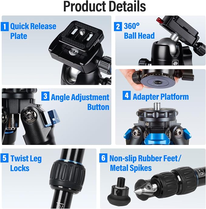 SIRUI AM-203 Aluminum Mini Travel Tripod, B00K Ball Head, 360° Panoramic | 20LB Load, 16.7" Height, 11.4" Folded, Lightweight, Tabletop, DSLR, Mirrorless Camera, Travel Photography - Image 9