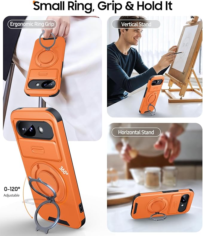 JAME for Google Pixel 10A Case with Ring Stand & Slide Camera Cover Orange | Ring Holder Kickstand, Screen Protectors, Dual-Layer Shockproof Protective, Magnetic Accessory Friendly Phone Case, Orange - Image 3