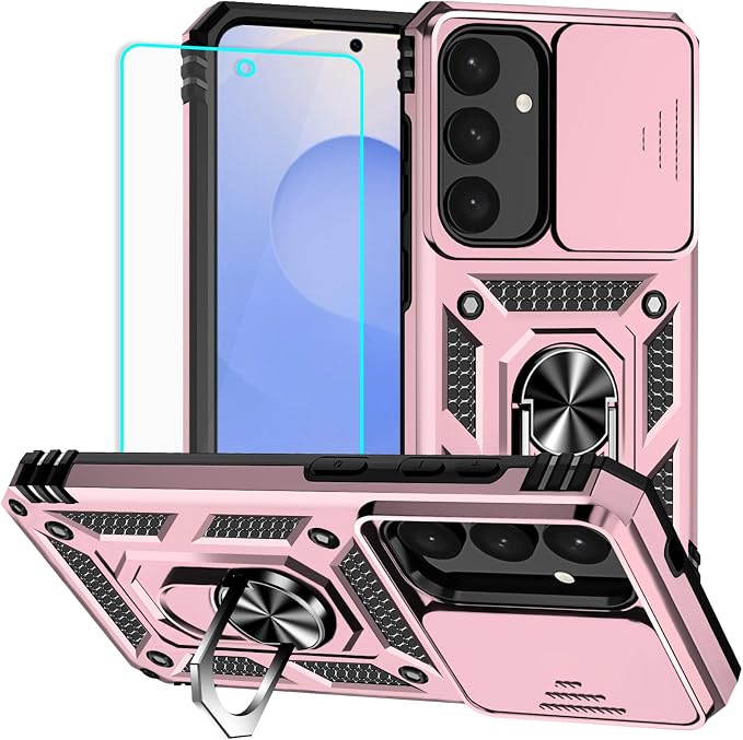 for Galaxy S24 Plus/S25 Plus Case with Screen Protector: [Military Grade 20ft. Drop Tested] Slide Camera Cover Ring Shockproof Protective Phone Case for - Samsung Galaxy S24 Plus/S25 Plus (Rose Gold) by HNHYGETE