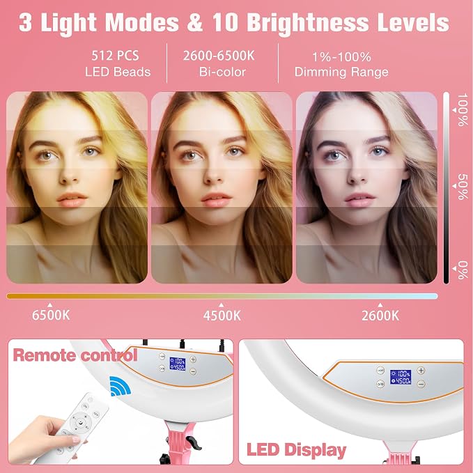 MACTREM Pink 22" Ring Light for iPad iPhone with 75" Tripod Stand Barber | LCDisplay,2 Usb Ports, Fits Ipad/Tablet 12.9", 2600k-6500k Color Temperature,for Barber/Tattoo Tiktok Video Recording Vlog - Image 3