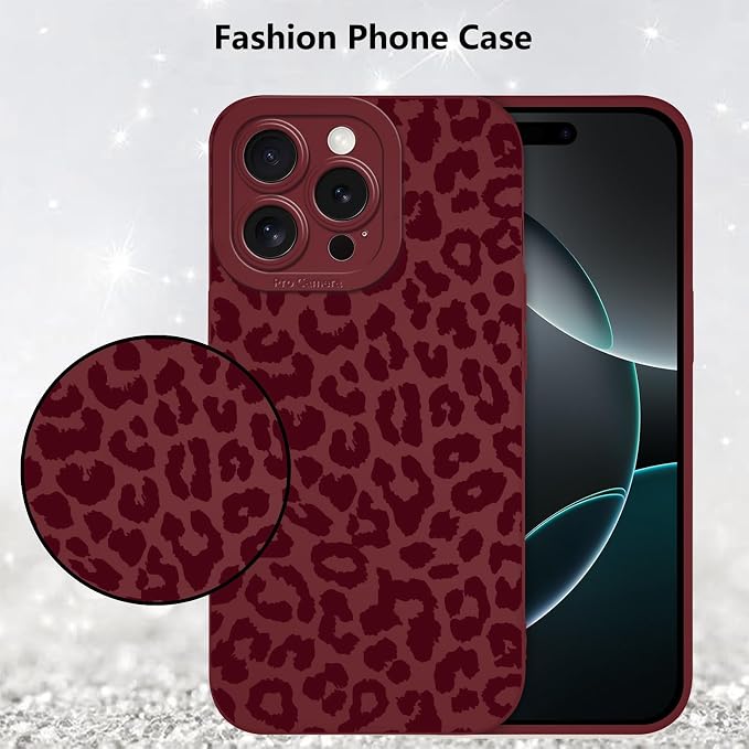 Cute Burgundy Cheetah Print Phone Case for iPhone 16 Pro 6.3" | Aesthetic Leopard Pattern Design Cover Full Camera Lens Protective Shockproof Soft Slim TPU Funda for Women Girls - Image 6