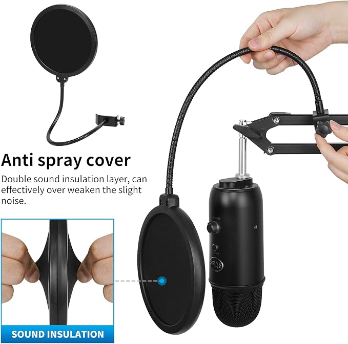 Heavy Duty Adjustable Boom Arm Microphone Stand | Includes pop filter, mic mounts and 1/4", 3/8", 5/8" adapters; compatible with Blue Yeti and HyperX QuadCast for broadcast. - Image 7