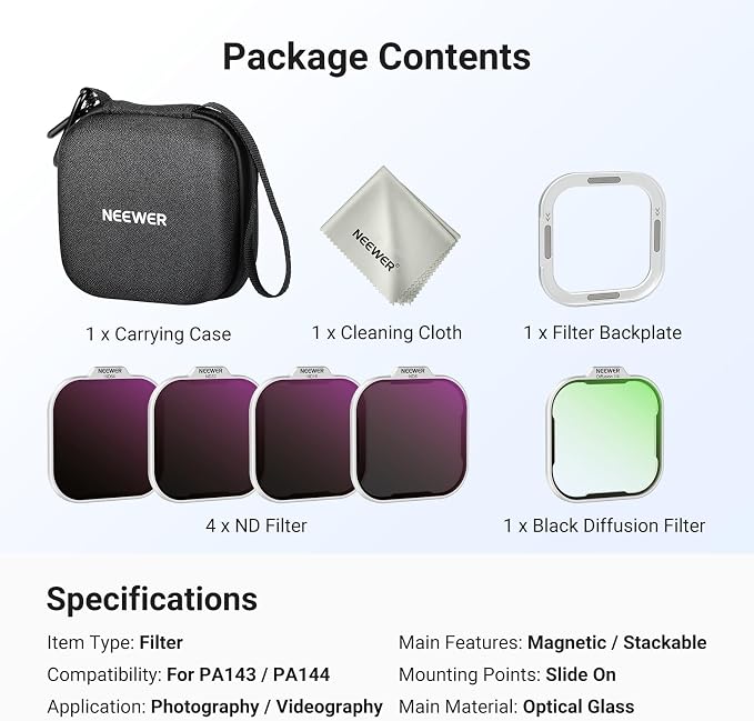 NEEWER ND Filter Set for PA143/PA144 Phone Cage Only, ND8/16/32/64 + Black Diffusion 1/4 Filter for Mist Cinematic Effect + Magnetic Backplate, Compatible with iPhone 17 Pro/17 Pro Max, Silver - Image 8