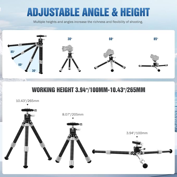 LEOFOTO Carbon Fiber Mini Table Tripod with Ball Head for Camera, Lightweight Desktop Tripod with Base, 1/4" Arca QR Plate for Phone Adaptor/Projector, Max Height 10.43", Max Load 11LB, MT-02C Plus - Image 2