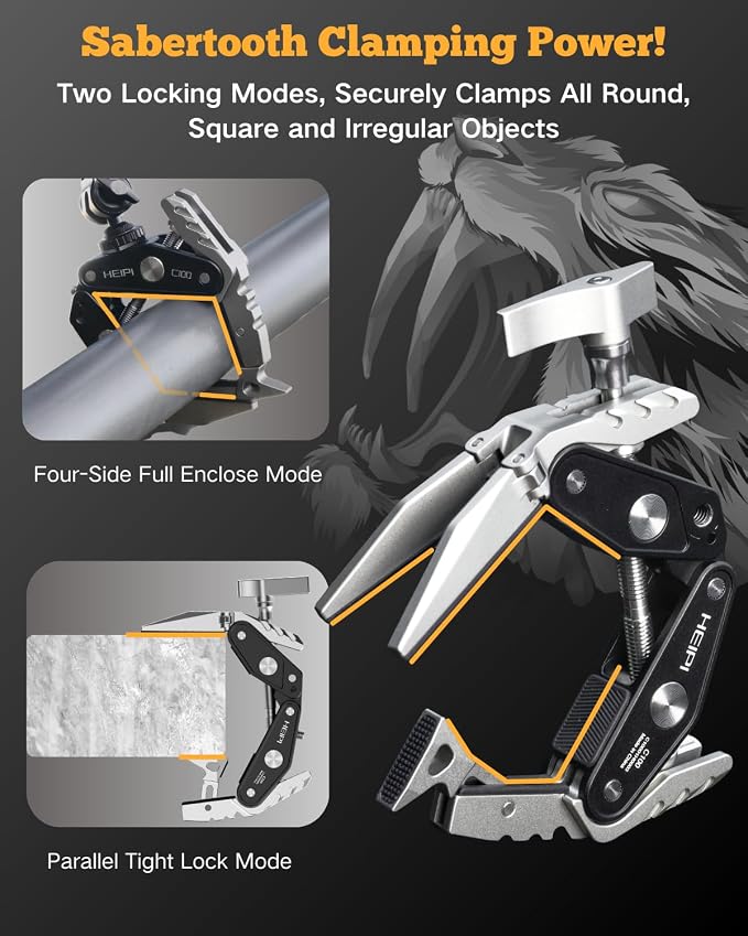 HEIPI C100 Super Clamp, Max Clamping 3.93" with 1/4"-20 & 3/8"-16 Screw | 2-in-1 clamp & stand design. Max clamping 3.93"/10cm.Compatible with phone, action camera, DSLR. Universal tripod accessories - Image 5