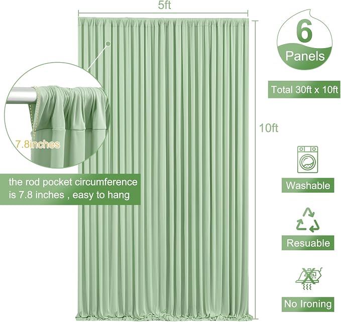 6 Panels Sage Green Backdrop Curtain for Parties Wrinkle Free Dark Green Photo Curtains Backdrop Drapes Fabric Decoration for Baby Shower Birthday Party Photography 30ft(W) x 10ft(H) - Image 6