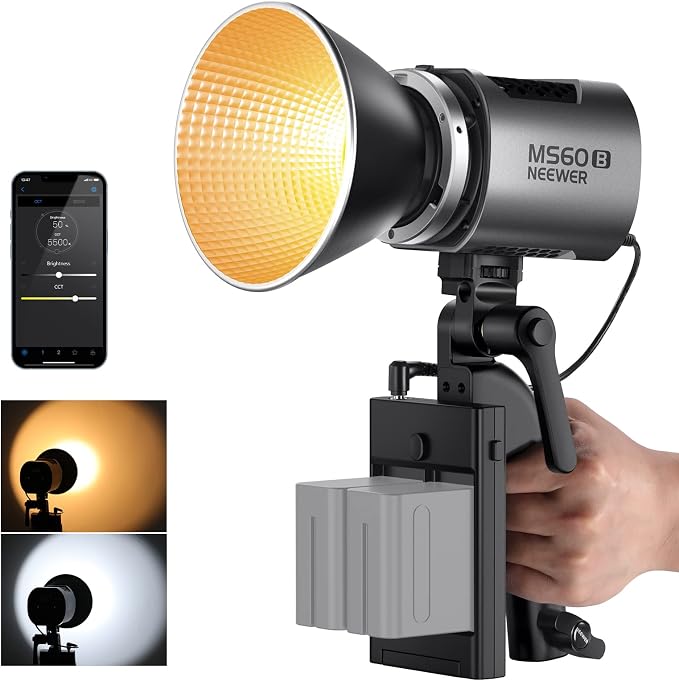 NEEWER MS60B LED Video Light 2.4G/APP Control, 65W Metal Mini Compact COB Continuous Output Lighting Spotlight 2700K-6500K, 40000lux@1m, CRI 97+/TLCI 98+, 12 Effects, PWM Dimming, Bowens Mount, Silver by Neewer