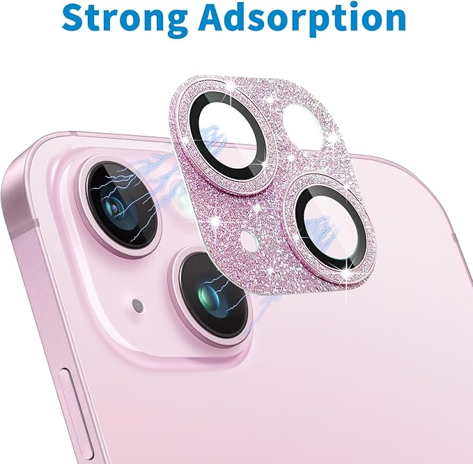 Compatible with iPhone 15 & iPhone 15 Plus Camera Lens Protector, Bling 3D Rhinestone Diamond 9H Tempered Glass Camera Cover Anti Scratch Shockproof Lens Screen Full Protective Cover - Pink - Image 4