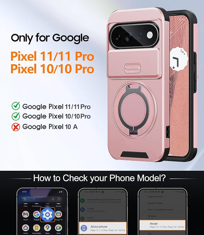 JAME for Google Pixel 10/10 Pro/11/11 Pro Case, Stand & Slide Camera Cover | Ring Holder Kickstand, Screen Protectors, Dual-Layer Shockproof Protective, Magnetic Accessory Friendly Phone Case, Pink - Image 2