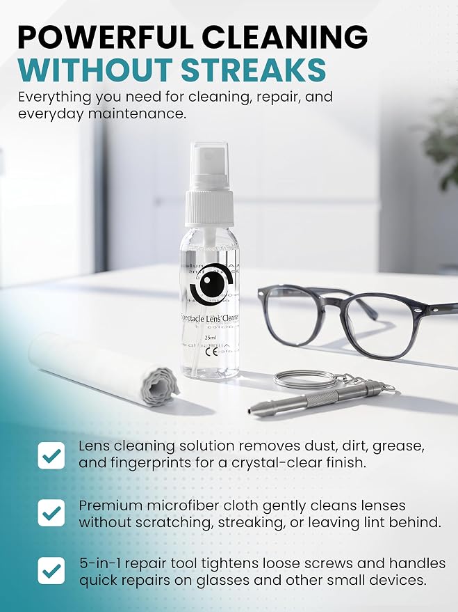 Complete Eyeglass Lens Cleaner Set | Cleans Any Lens or Screen | Repair Tool Fixes Eyeglasses, Sunglasses, and Watches | Includes Cleaning Solution, Repair Tool, and Premium Microfiber Towelette - Image 4