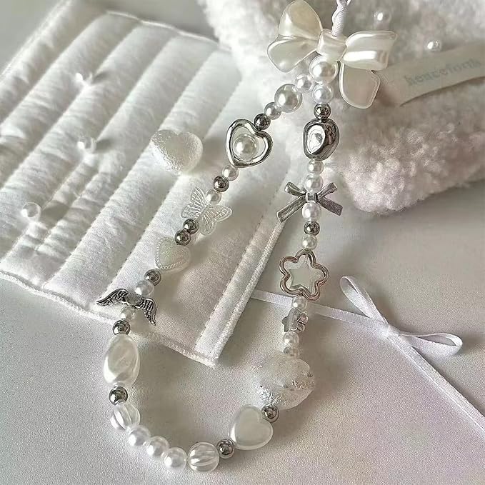 2 Pcs Phone Charm Strap Hand for iPhone Wrist Strap Camera Lanyard Pearl Beaded Cute Chain String Accessories Universal for iPhone 17 Pro 16 15 Samsung Women Girls Keychain Pearl Heart and Butterfly - Image 8
