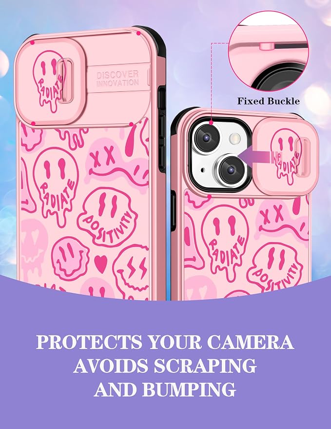 (2in1 for iPhone 13 Case Face Cute Women Phone Cover Distorted Smile Design with Slide Camera Cover Protective Unique Teen Cases for iPhone13 6.1'' - Image 3