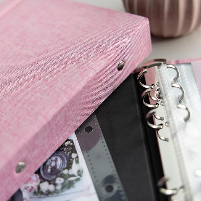 Photo Album For 2X6 Photo Booth Slip In Strips And 4X6 Pictures - 6 Ring Notebook Binder With 20 2 By 6 Sleeves - Fits 80 Photobooth Prints (ROSE PINK - LINEN HARDCOVER, 2X6) - Image 3