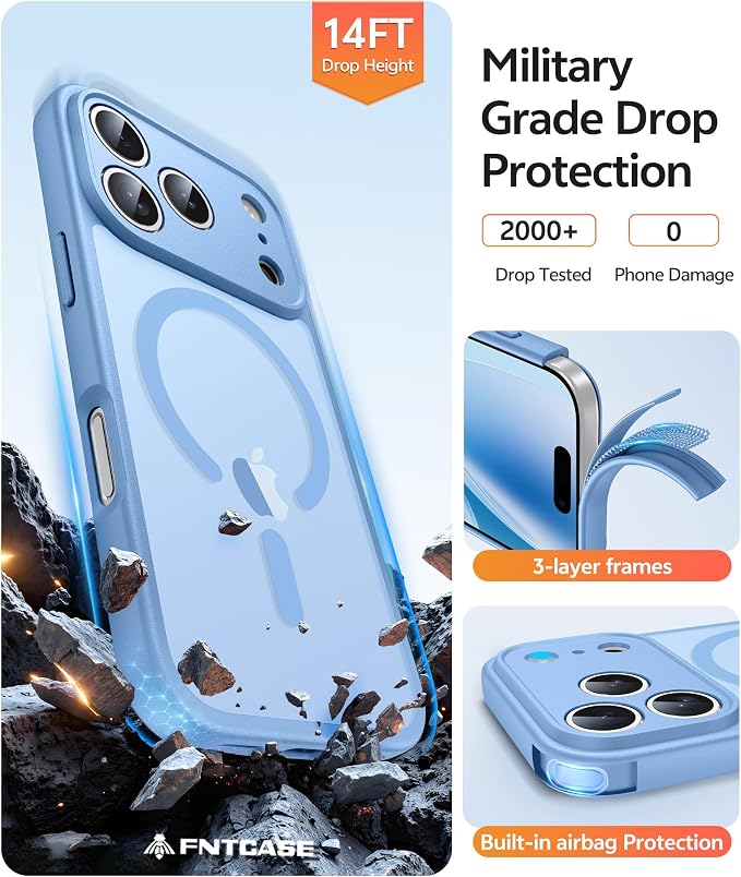 FNTCASE for iPhone 17 Pro Max Case, Fit for Magsafe, Screen Protector | Full Camera Protection, Translucent Matte, 14FT Military Grade Drop Proof, Shockproof Protective Phone Cover, Light Blue - Image 5