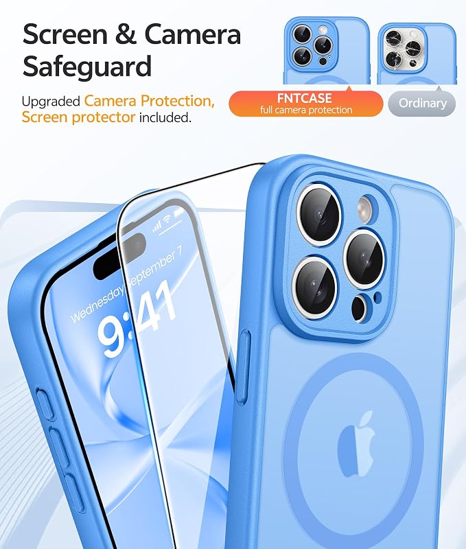 FNTCASE for iPhone 15 Pro Max Case, Fit for Magsafe, Glass Screen Protector | Full Camera Protection, Translucent Matte, 14FT Military Grade Drop Proof, Shockproof Protective Phone Cover, Ice Blue - Image 4