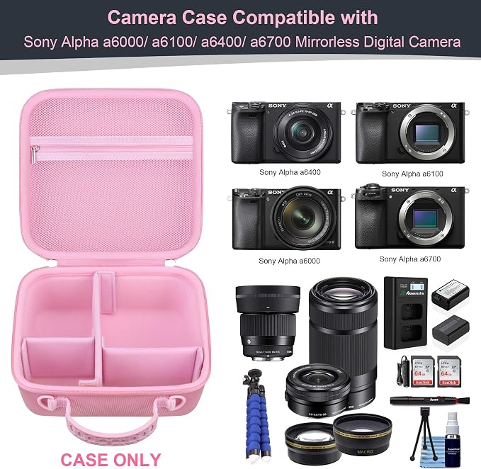 RAIALL Case for Sony Alpha ZV-E10/a6000/a6400/a6700/7 II IV Camera, Pink | for a6100/a6600/ZV-E10 II/ZV E1 Mirrorless Digital Camera and Lens, Hard Travel Bag with a Shoulder Strap and 3 Dividers - Image 3