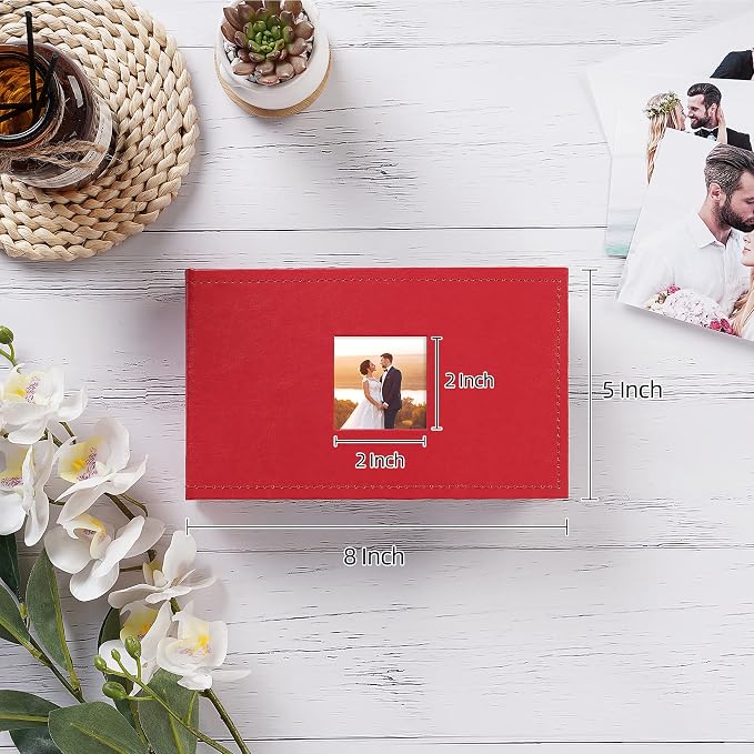potricher Small Photo Album 4x6 100 Photos, Leather Cover, Red | Leather 4x6 Picture Album with 100 Horizontal Pockets, Photo Book for Family, Wedding, Anniversary, and Baby - Image 2