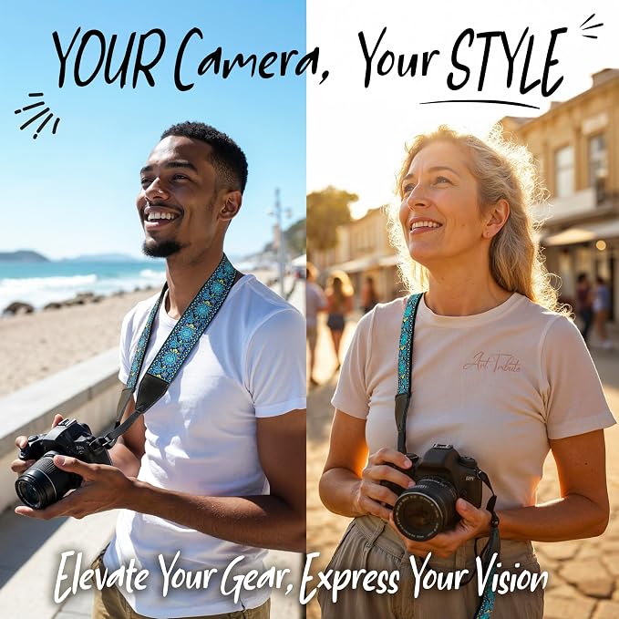 Camera Strap - Shoulder, Crossbody & Neck Camera Strap for Photographers, Fits All Cameras, Canon Nikon Sony Fujifilm, Padded Strap W/ Quick Release, Embroidered Cotton & Leather Ends, Blue - Image 2