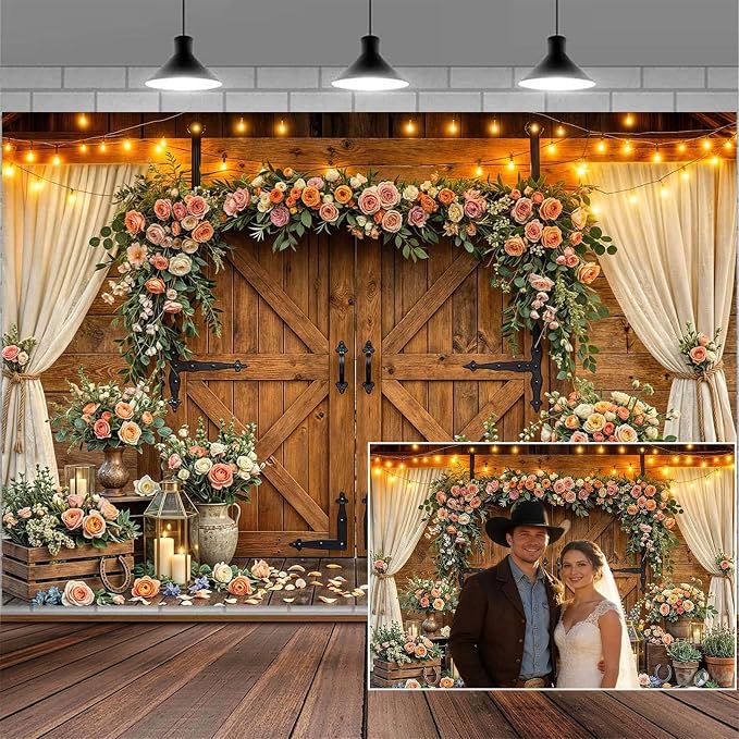 12x10ft Western Wedding Backdrop Rustic Barn Door Photography Backdrop Farmhouse Pink Flower Cabin Wooden Birthday Baby Shower Country Anniversary Bridal Party Banner Photo Booth Props Background by Mtsxfy