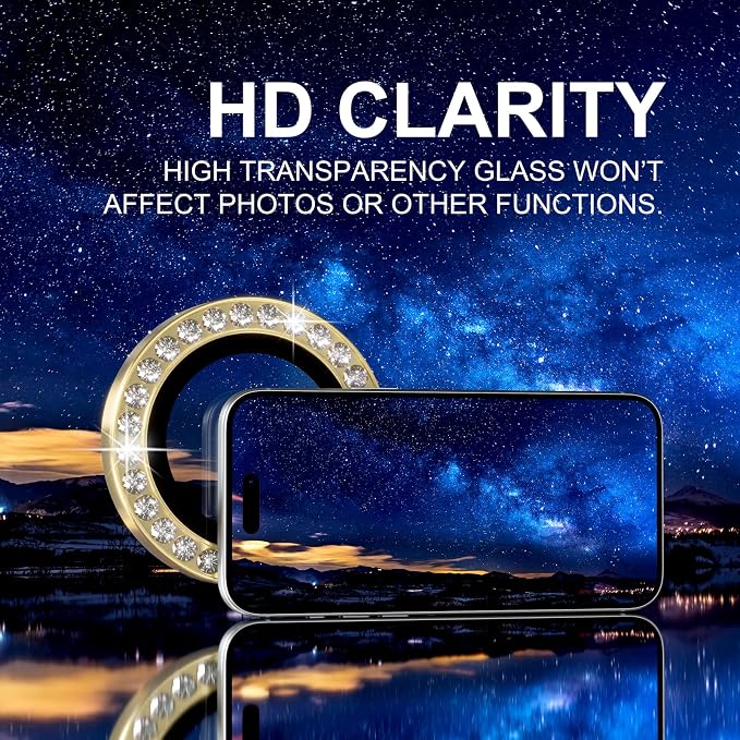 Choiche for iPhone 17 Pro/iPhone 17 Pro Max Camera Lens Protector | Ultra HD, Bling 9H Tempered Glass Camera Cover Screen Protector Metal Ring Decoration Accessories (Diamond-Gold) - Image 5