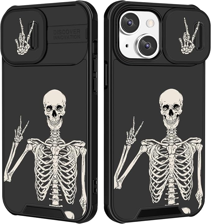 (2in1 for iPhone 12 Case Skull Skeleton for Women Cute Gothic Phone Cover Ghost Horror Design with Slide Camera Cover Protective Funny Spooky Boys Teens Cool Black Cases for iPhone12 6.1'' by Goocrux