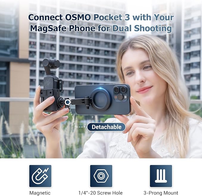 JJC Expansion Adapter & Magnetic Phone Holder for DJI Pocket 4/3 Xtra Muse | with Cold Shoe and Magsafe Bracket for iPhone 17 16 15 14, Osmo Pocket4 Pocket3 Phone Vlog Accessories on Tripod - Image 2