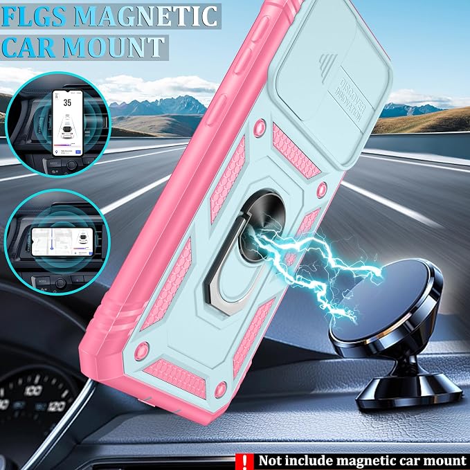 Gritup for Samsung Galaxy S21 FE 5G Case with 2PCS Screen Protector, Build in 360° Rotating Ring Kickstand, Military Grade Protective Case for S21 FE Phone, Green+Pink - Image 6