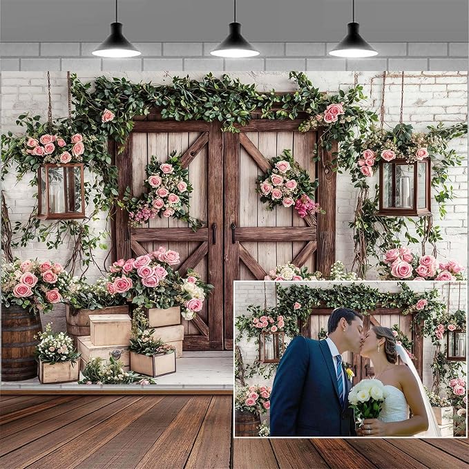 20x10ft Country Wedding Photography Backdrop Floral Rustic Roses Farmhouse Wooden Door Backdrop Pink Flower Birthday Baby Shower Wedding Bridal Party Banner Photo Booth Props Anniversary Background by Mtsxfy