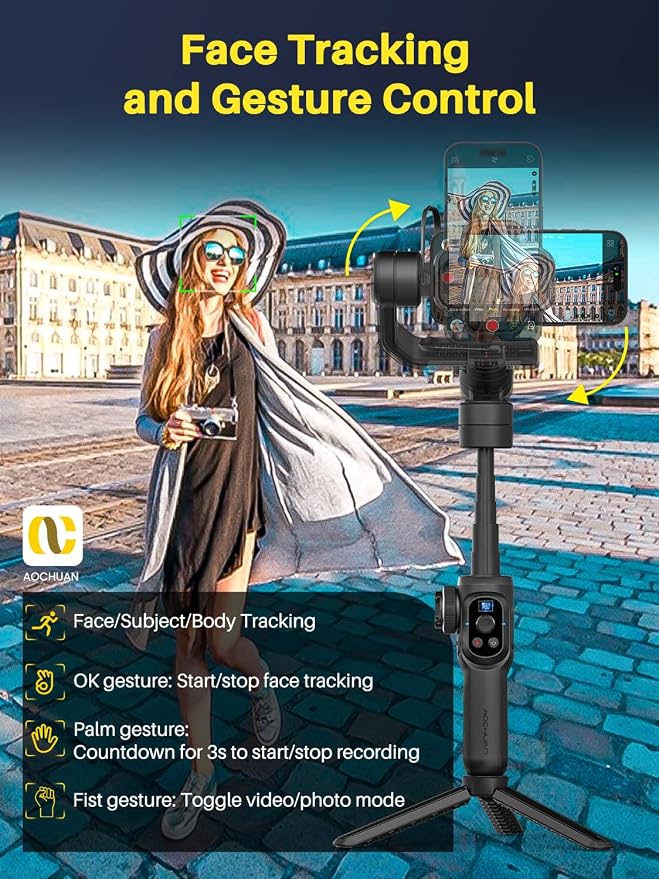 AOCHUAN S2 Smartphone Gimbal Stabilizer w/Wireless Lavalier, Built-in 18cm Extension Rod & Fill Light, Professional 3-Axis Gimbal for iPhone & Android for Video Recording - Image 7