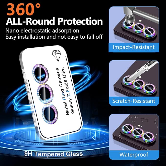 for Samsung Galaxy Z Fold 8 Ultra Camera Lens Protector, Individual Metal Ring Tempered Glass Lens Cover, [Strong Adsorption] Scratch Resistant Ultra-Thin HD Clear Lens Cover, 1 Set-Colorful Diamond - Image 2