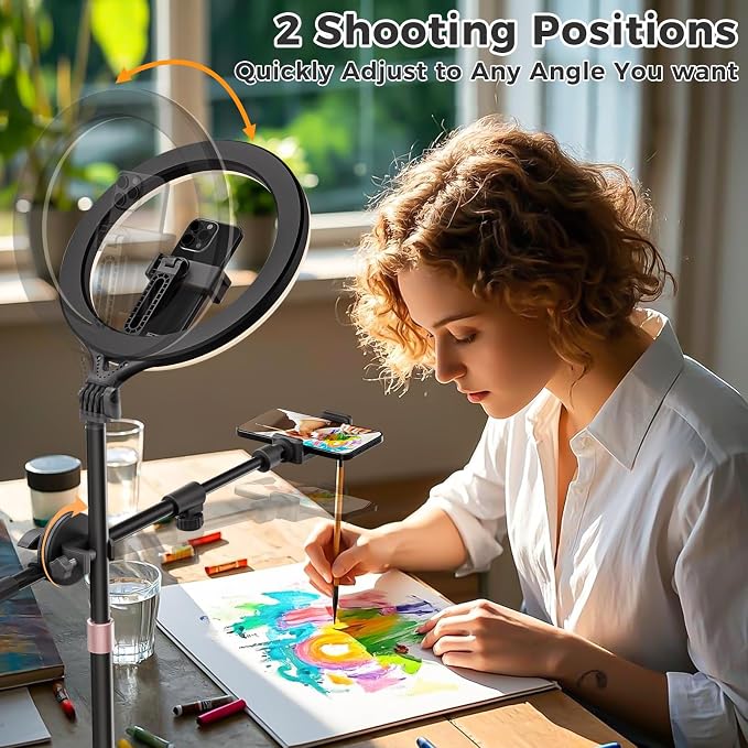 11" Desk Ring Light,Wireless Bluetooth Ring Light with Stand & Phone Holder,Overhead Phone Mount for Video Recording,Tripod for Cooking Videos,Webcam Lamp/TikTok/YouTube,Compatible with iPhone Camera - Image 2