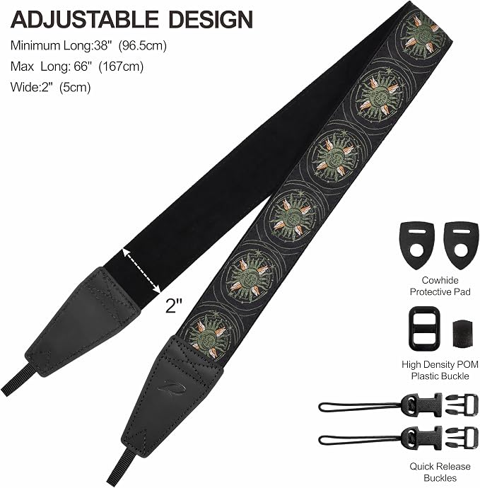Padwa Lifestyle Green Sun God Camera Strap - 2" Full Grain Leather Ends Camera Straps for Photographers, Vintage Embroidered Cotton Soft Suede Fabric Padded Strap Quick Release fits All Cameras - Image 6