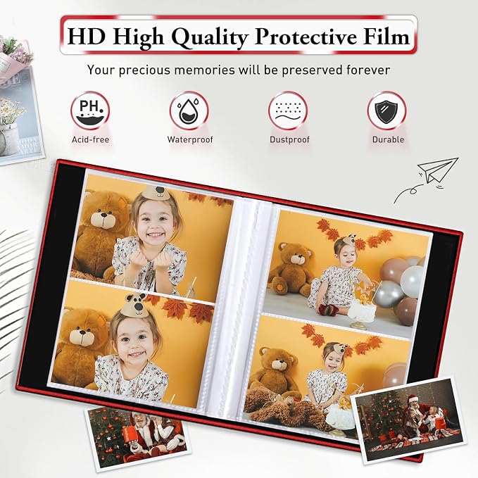 Photo Album 4x6,Linen Cover Slide-in Photo Album Book Can Holds 200 4x6 Photos with 50 Black Sheets for Baby Family Pictures Artwork or Postcards Storage (Red) - Image 4