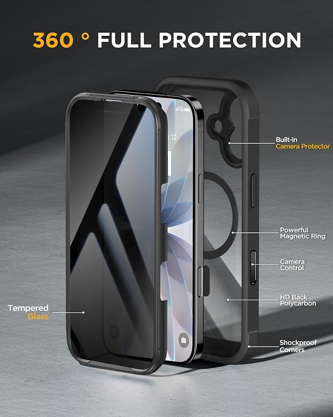 Miracase for iPhone 17 Case with Privacy Screen Protector, Black | Compatible with MagSafe, 360° Full Body Protection, Full Camera Protection, Military-Grade Shockproof Phone Case 6.3" - Image 3