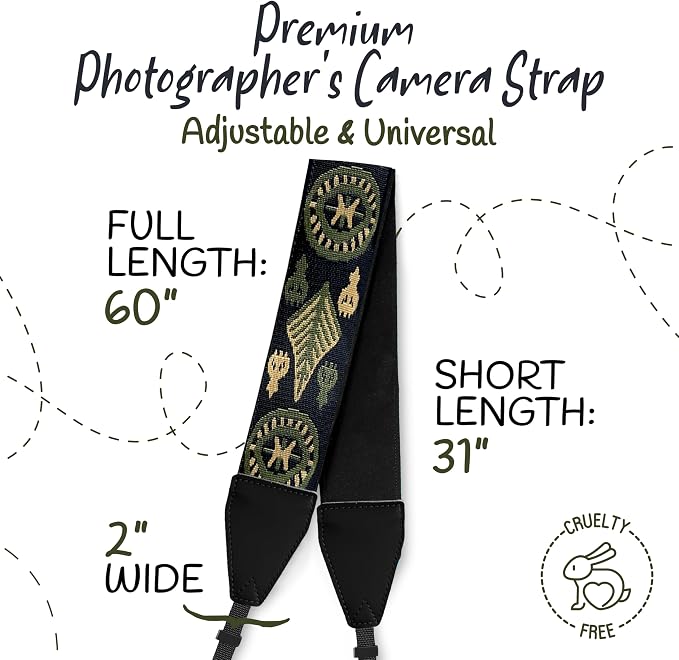 Art Tribute Camera Strap - Shoulder, Crossbody & Neck Camera Strap for Photographers, Fits All Cameras, Canon Nikon Sony Fujifilm, Padded Strap W/Quick Release, Embroidered Cotton & Leather Ends - Image 5
