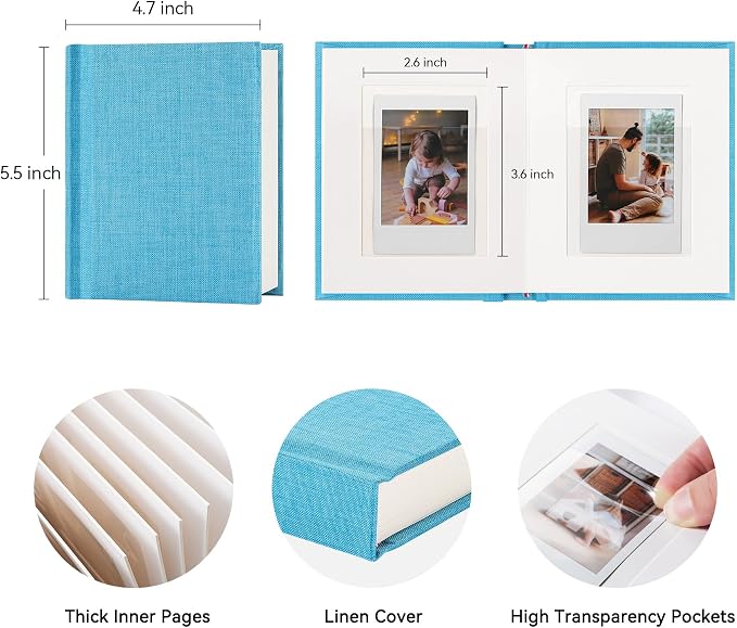 Instax Mini Photo Album with Writing Space, Linen Cover, Blue | Compatible with 2x3 inch & Polaroid Pictures, 28 Recessed Clear Pockets, Wedding Guest Book and Family Memories - Image 2