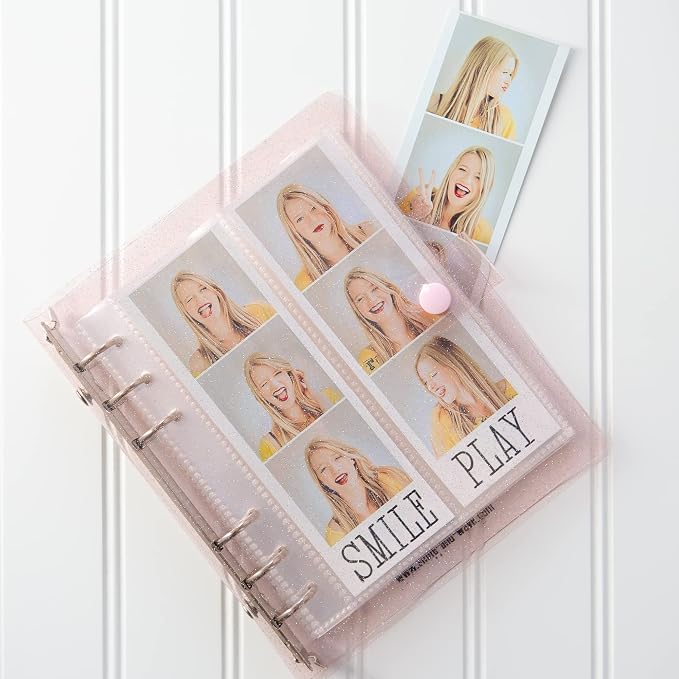 Photo Album For 2X6 Photo Booth Slip In Strips And 4X6 Pictures - 6 Ring Notebook Binder With 20 2 By 6 Sleeves - Fits 80 Photobooth Prints (BLUSH SPARKLE, 2X6) by SMILEWAVE