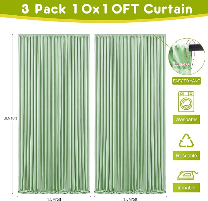 Sage Green Backdrop Curtain Drapes for Parties, 3Pack 10x10FT | Wrinkle Free Polyester Curtain Backdrop Draping Fabric for Backdrop Photoshoot Birthday Party Background,6 Panel 5x10FT - Image 2