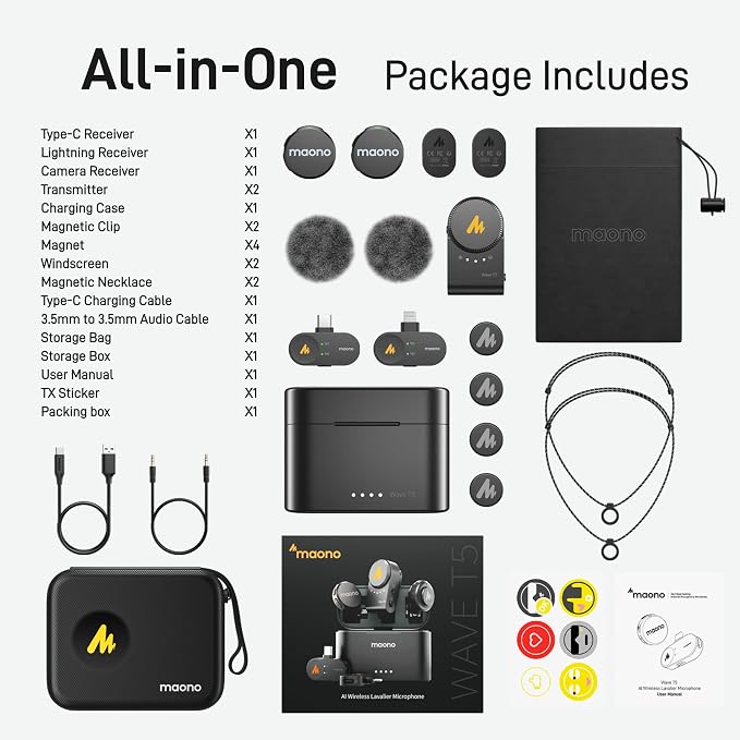 MAONO Wave T5 Wireless Lavalier Mini Microphone for iPhone Content Creators | Magnetic Lapel Mic with AI Noise Cancellation,4 Voice Filters,1000ft, 40H for Podcast Stream Vlog Youtube Tiktok Video Record - Image 9