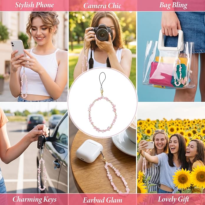 Ouligay Pink Camera Wrist Strap Cute Natural Gemstone Phone Chain Lanyard | Beaded Wrist Strap for Bag Case Bags Pendants Decor Chains Small Gifts for Woman Girls - Image 7