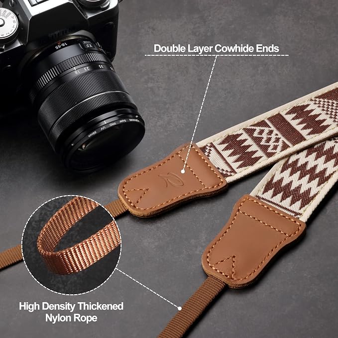 Padwa Lifestyle Diamonds Camera Strap - 1.5" Crazy Horse Cowhide Ends Camera Straps for Photographers, Cute Cotton Weave Soft Suede Fabric Padded Strap fits All Cameras for Adults & Kids - Image 5