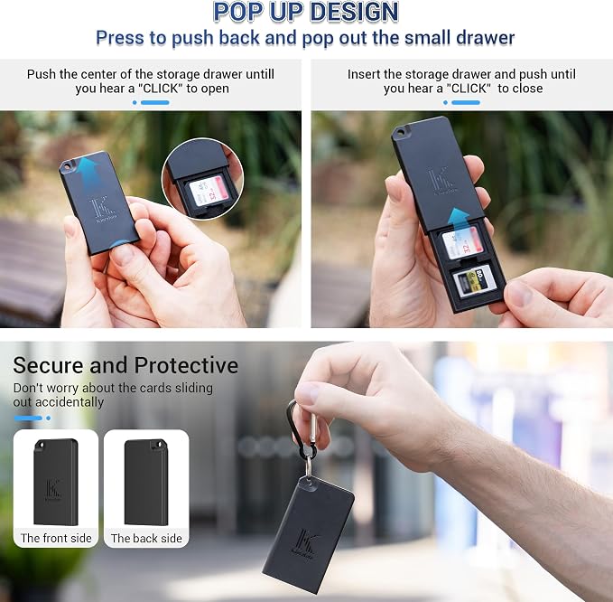 Pop-up Small Memory Card Case Holder for 2 SD SDHC SDXC Cards & 2 CFexpress Type A Cards with Carabiner, Portable Anti-Shock Splash-Proof SD CFA Card Case Storage Protector Organizer Keeper Container - Image 3