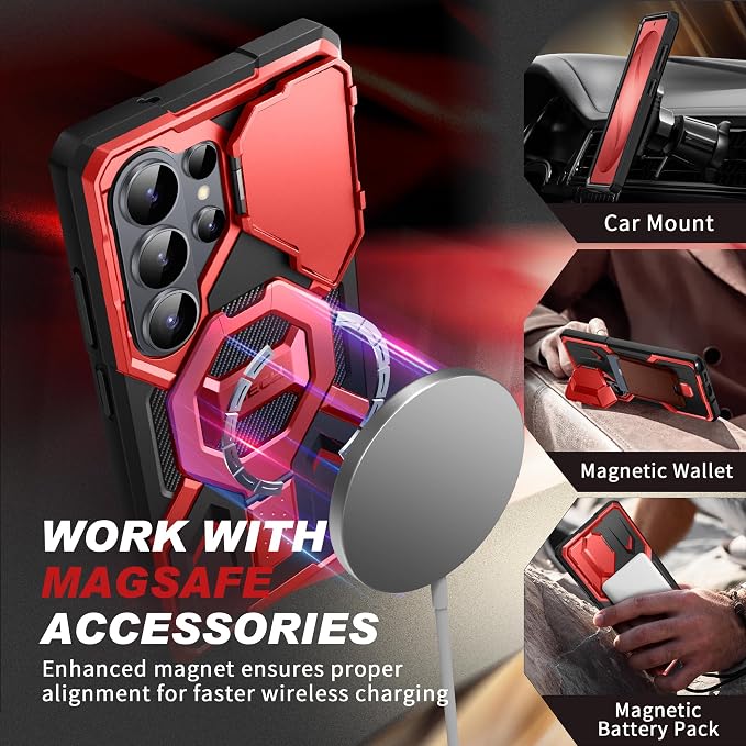 TONGATE Magnetic Stand for Samsung Galaxy S26 Ultra Case, Compatible with Magsafe, [Camera Cover & 2 Front Frames][Military Drop Protection] S26 Ultra Case Built-in Screen Protector & Belt Clip, Red - Image 3