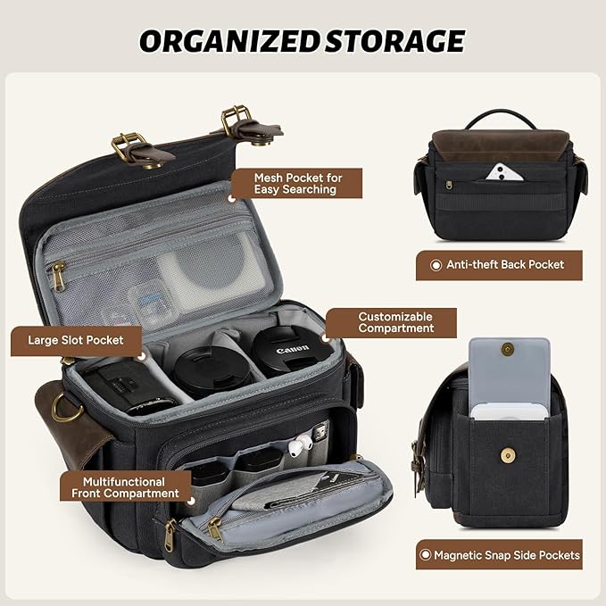 RAINSMORE Camera Bag, Vintage Canvas Camera Sling Bag Crossbody Camera Case | Water-resistant DSLR SLR Mirrorless Camera Bag for Photographer with Rain Cover & Tripod Holder for Sony Canon Nikon Fujifilm - Image 2