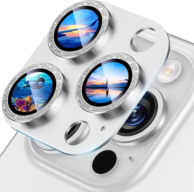 UniqueMe for iPhone 13 Pro/13 Pro Max Lens Protector Sliver (Bling Circle) | Strong Drop Protection, Not Easy to Fall-off, Metal Ring, Tempered Glass, Rear Camera Screen Cover by UniqueMe